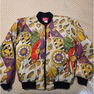 Grand Prix Bomber Jacket Mens Small Multicolor Fair Novelty Print Zip Up Vintage